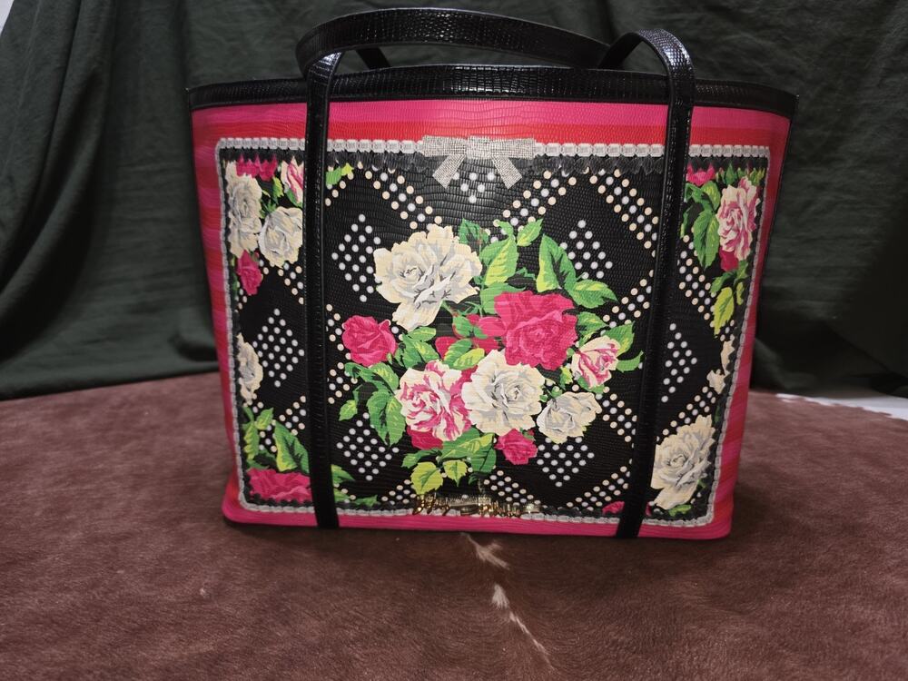 Betsey Johnson Floral Tote Bag Black Pink Zip Gold Hardware